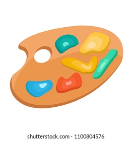 Nice wooden round palette with different colors of paint. School office supplies, stationery. Modern flat cartoons style vector illustration icons.