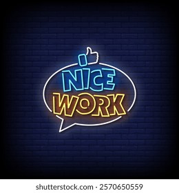 nice work neon sign style with brick wall background vector