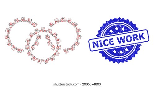 Nice Work scratched seal and vector fractal collage gears. Blue seal contains Nice Work text inside rosette. Vector collage is made from repeating rotated gears items.
