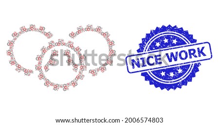 Nice Work scratched seal and vector fractal collage gears. Blue seal contains Nice Work text inside rosette. Vector collage is made from repeating rotated gears items.