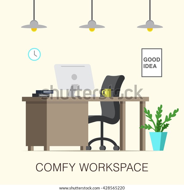 Nice Workspace Interior Office Furniture Plant Stock Vector