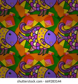 Nice wrapping paper or textile repeatable print. Vector seamless pattern with fishes pool top view background. Hand drawn graphic traditional fish pond illustration.