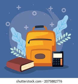 mochila amarilla y útiles escolares