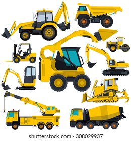 Nice yellow big set of ground works machines vehicles construction and equipment for building truck digger crane fork lift mall bagger mix roller excavator flatten isolated illustration vector