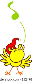 Nice yellow bird with red Christmas hat while extending its wings, raising its head and singing in an inspired way to celebrate Christmas