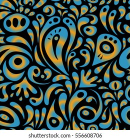 Nice yellow and blue hand-drawn seamless vector illustration. Elegant seamless pattern with floral and Mandala elements.