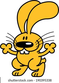 Nice yellow bunny opening its arms, raising its ears and standing on tiptoes while expecting for something or someone coming