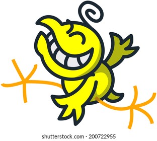 Nice yellow chicken with a ringlet on top of its head while making a big jump, extending its wings and legs, closing its eyes and grinning enthusiastically as for celebrating something