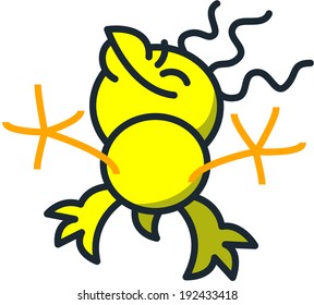 Nice yellow chicken smiling enthusiastically and floating face up after having been launched upwards while clenching its eyes and stretching its legs and wings in a delightful attitude