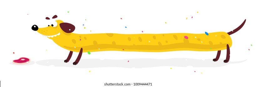 Nice yellow dog, dachshund. Vector illustration of a dog in a flat style. Yellow dog is like cheese. Image is isolated on white background. Hot Dog. Symbol of the company's brand. Mascot. Emblem.