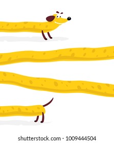 Nice yellow dog, dachshund. Vector illustration of a dog in a flat style. Yellow dog is like cheese. Image is isolated on white background. Hot Dog. Symbol of the company's brand. Mascot. Emblem.