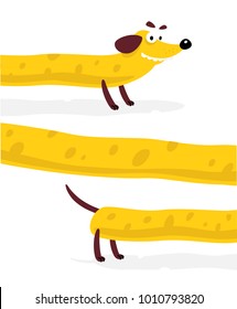 Nice yellow dog, dachshund. Vector illustration of a dog in a flat style. Yellow dog is like cheese. Image is isolated on white background. Hot Dog. Symbol of the company's brand. Mascot. Emblem.