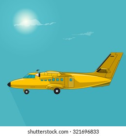 Nice yellow golden airplane on sky, flying plane