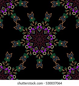 Nice yellow, red and green hand-drawn seamless vector illustration. Elegant seamless pattern with floral and Mandala elements.