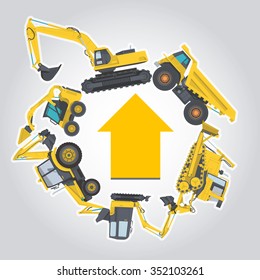 Nice yellow set of Ground Works Machines Vehicles with arrow, Construction and Equipment for building. Truck, Digger, Crane, Small Bagger, Mix, Roller, Extravator master vector flatten illustration