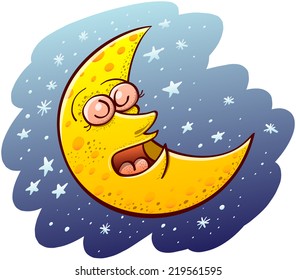 Nice yellow waning moon with bulging eyes and snub nose while sleeping placidly and floating in the middle of a blue space and numerous tiny stars