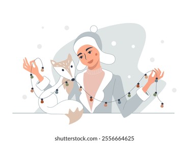 Nice young woman in a bubble hat with a snow fox. Portrait of cute girl holding a garland. Winter cozy holiday illustration.