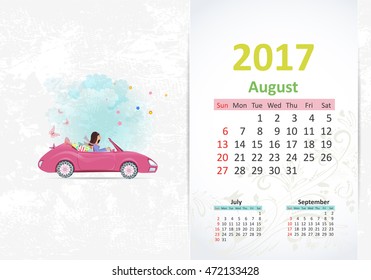 nice young woman in pink convertible with shopping bags. fun Calendar for 2017, August