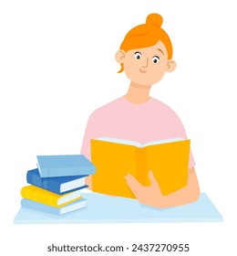 Nice young woman sitting at the table reading a book and a stack of books nearby