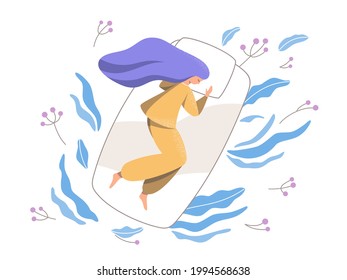 A Nice Young Woman Sleeps And Has Light, Lucid Dreams. A Healthy, Proper Good Sleep. Flat Cartoon Colorful Illustration - Eps10 Vector.