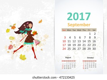 nice young woman walking with shopping bags and umbrella. fun Calendar for 2017, September