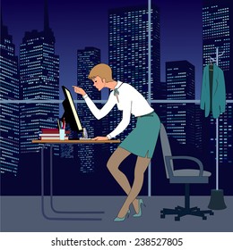 Nice young woman work in office at night. There are table, computer, armchair and great window. Very nice  view from window to skyscrapers and night sky.