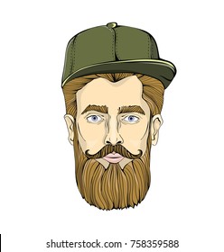 Nice-looking man with a beard and mustache wearing green cap on white background. Lumberjack stares at you. Head graphic image. Isolated vector illustration.