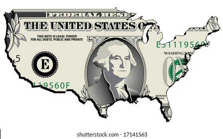 A nicely drawn dollar bill in the shape of the USA