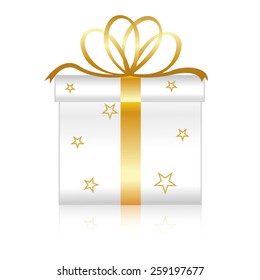 Nicely wrapped white gift box with gold ribbons and bow. Isolated on white background 