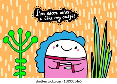 I am nicer when like my outfit hand drawn vector illustration in cartoon comic style man in pink textured background