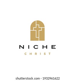 niche christ cross door arch church logo vector icon illustration