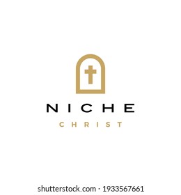 niche christ cross door arch church logo vector icon illustration