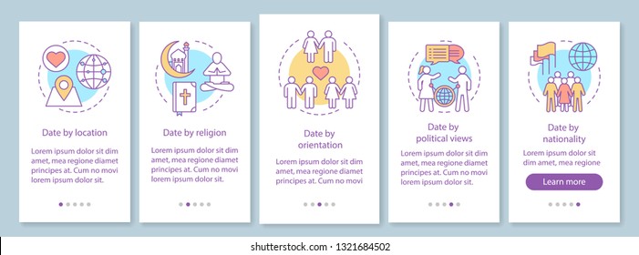 Niche dating app features onboarding mobile page screen vector template. Date by location, religion, orientation, political views, nationality linear illustrations. UX, UI, GUI smartphone interface 