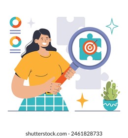 Niche Market concept. Woman analyzing specific audience with a magnifying glass. Targeted marketing strategies, audience insights. Modern color palette. Flat vector illustration