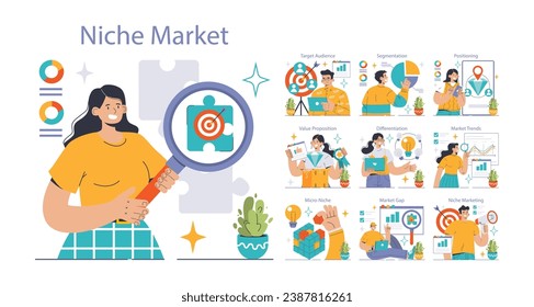 Niche Market set. Exploring target audience, value proposition, and market trends. Segmentation, differentiation, and positioning strategies. Micro-niche discovery. Flat vector illustration