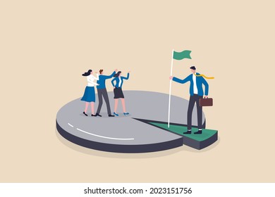 Niche market, small focused group of consumer or audience, unique or specific group of customers concept, businessman standing on small area of pie chart metaphor of niche market segment.