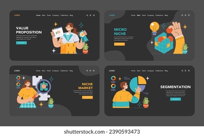 Niche market web or landing dark or night mode set. Exploring target audience, value proposition, and market trends. Segmentation, differentiation, and positioning strategies. Flat vector