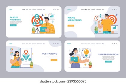 Niche market web or landing set. Exploring target audience, value proposition, and market trends. Segmentation, differentiation, and positioning strategies. Micro-niche. Flat vector illustration