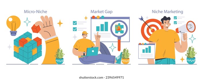 Niche Marketing Set. Entdecken von Mikro-Nischen, Ermittlung von Marktlücken und wirksame Förderstrategien. Zielgruppe, maßgeschneiderte Inhalte, direktes Engagement. Flache Vektorgrafik