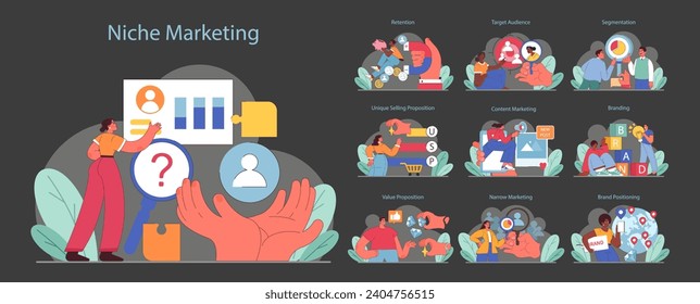 Niche marketing set. Strategies for audience engagement, retention, and segmentation. Elements include value proposition, branding, and unique selling points. Flat vector illustration.