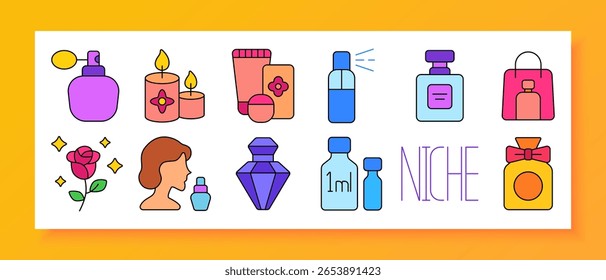 Niche perfume set icon. Shows spray bottles, candles, packaging, face profile, luxury vial, labeled sample, shopping bag, bow bottle, stars, floral detail, glass forms