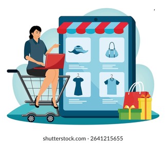 Niche service online retail. A woman shopping online with a laptop, sitting in a shopping cart near a digital storefront, representing online retail, and technology.