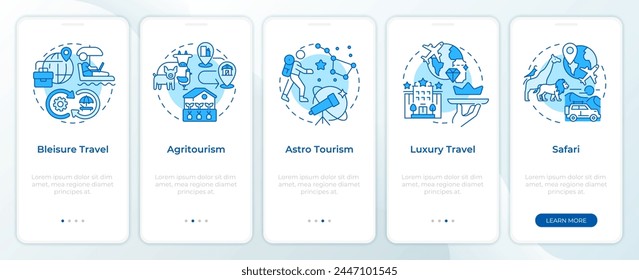 Niche tourism blue onboarding mobile app screen. Travel trends walkthrough 5 steps editable graphic instructions with linear concepts. UI, UX, GUI template. Montserrat SemiBold, Regular fonts used