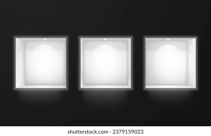 Niches in the wall with lighting on a dark background. Vector illustration.