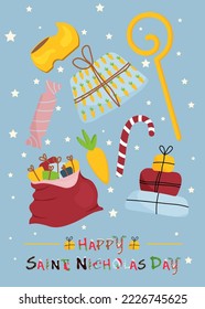 Nicholas elements. Hand drawn vector illustration. St. Nicholas Day postcard.Christmas caramel.