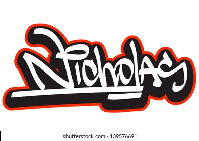 Nicholas graffiti font style name. Hip-hop design template for t-shirt, sticker or badge