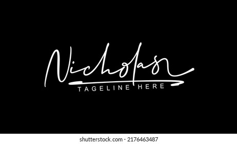 Nicholas handwritten name logotype signature.Manual identity autograph signature sign.White Signature For Document On black Background.Isolated hand drawn name logo design.