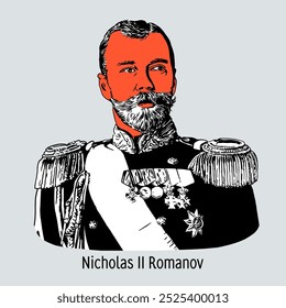 Nicholas II Romanov - the last Emperor of All Russia, Tsar of Poland and Grand Duke of Finland from the Holstein-Gottorp-Romanov dynasty. Colonel of the Guard. Vector hand-drawn illustration