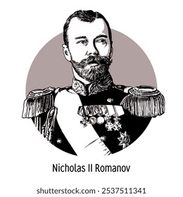 Nicolau II Romanov — o último imperador de toda a Rússia, czar da Polônia e grão-duque da Finlândia da dinastia Holstein-Gottorp-Romanov. Ilustração de vetor desenhada à mão