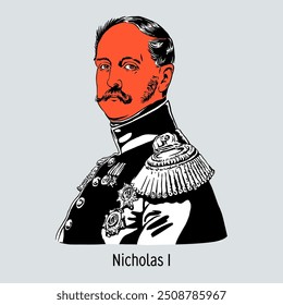 Nicolau I Pavlovich - Imperador de toda a Rússia, Czar da Polônia e Grão-Duque da Finlândia. Ilustração de vetor desenhada à mão